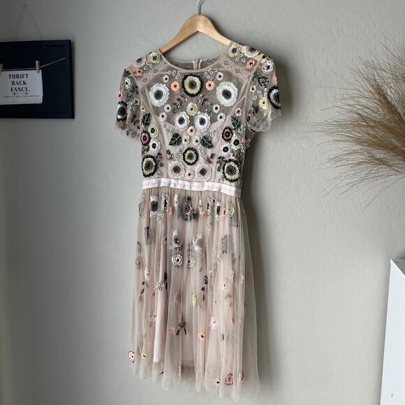 Needle & Thread Dress Woodland Floral Embellished Tulle Pastel Pink Minidress 2 - Picture 3 of 14